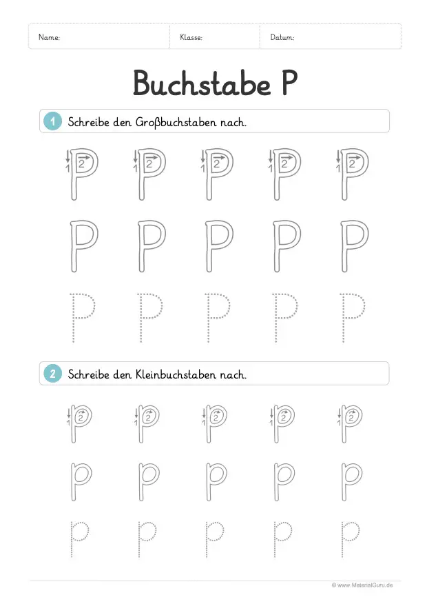 Arbeitsblatt: Buchstabe P (Grundschrift) - P und p nachspuren