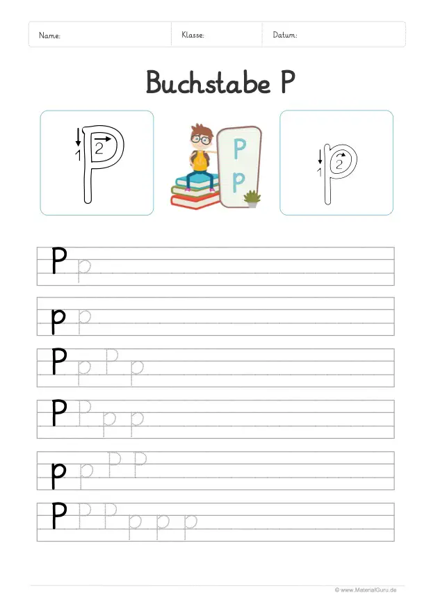 Arbeitsblatt: Buchstabe P (Grundschrift) - P und p auf Linien schreiben