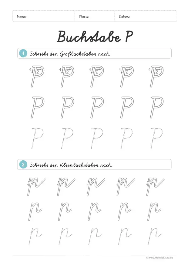 Arbeitsblatt: Buchstabe P (Schreibschrift) - P und p nachspuren