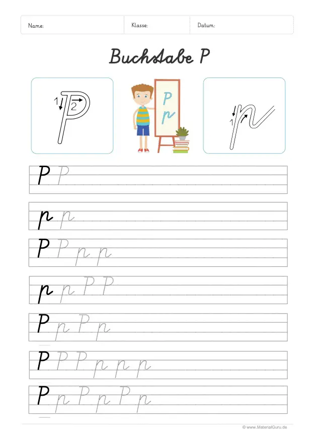 Arbeitsblatt: Buchstabe P (Schreibschrift) - P und p auf Linien schreiben