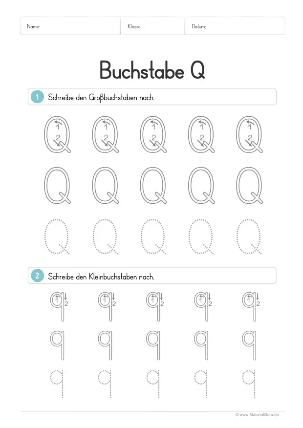 Arbeitsblatt: Buchstabe Q (Druckschrift) - Q und q nachspuren
