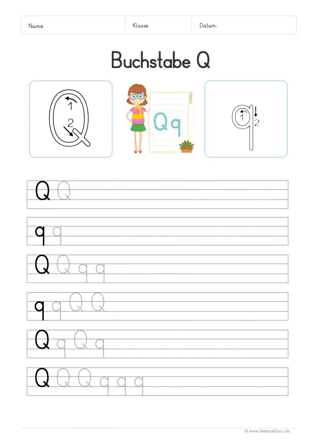 Arbeitsblatt: Buchstabe Q (Druckschrift) - Q und q auf Linien schreiben