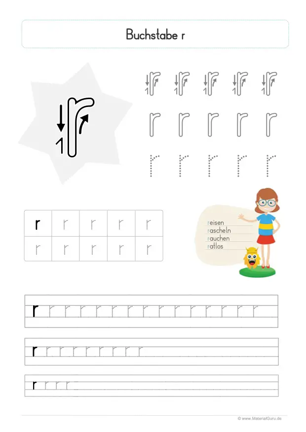 Arbeitsblatt: Buchstabe R (Druckschrift) - Kleinbuchstabe r