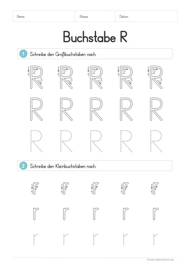 Arbeitsblatt: Buchstabe R (Druckschrift) - R und r nachspuren