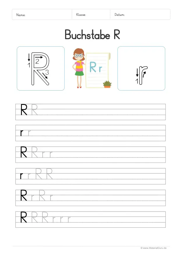 Arbeitsblatt: Buchstabe R (Druckschrift) - R und r auf Linien schreiben