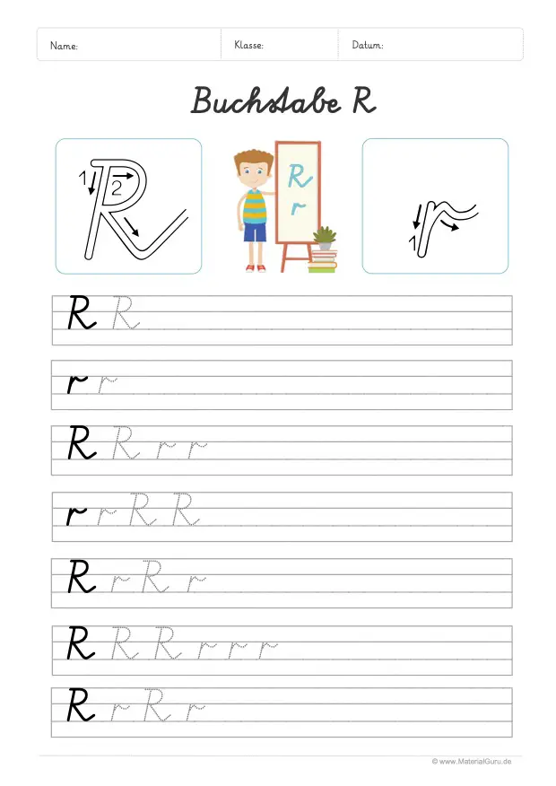 Arbeitsblatt: Buchstabe R (Schreibschrift) - R und r auf Linien schreiben