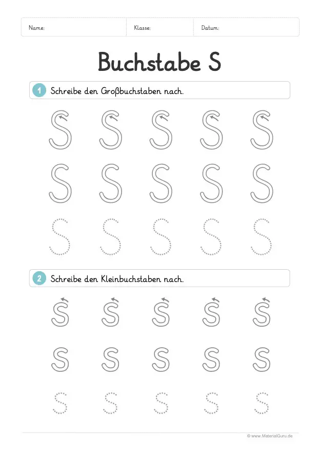 Arbeitsblatt: Buchstabe S (Grundschrift) - S und s nachspuren