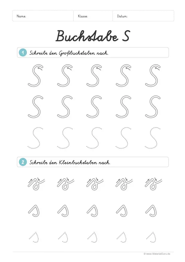 Arbeitsblatt: Buchstabe S (Schreibschrift) - S und s nachspuren