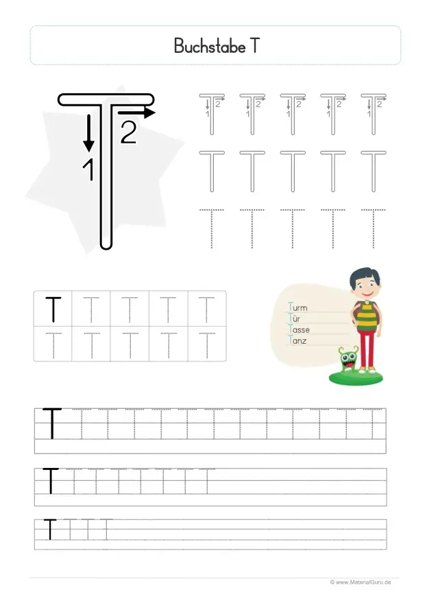 Arbeitsblatt: Buchstabe T (Druckschrift) - Großbuchstabe T