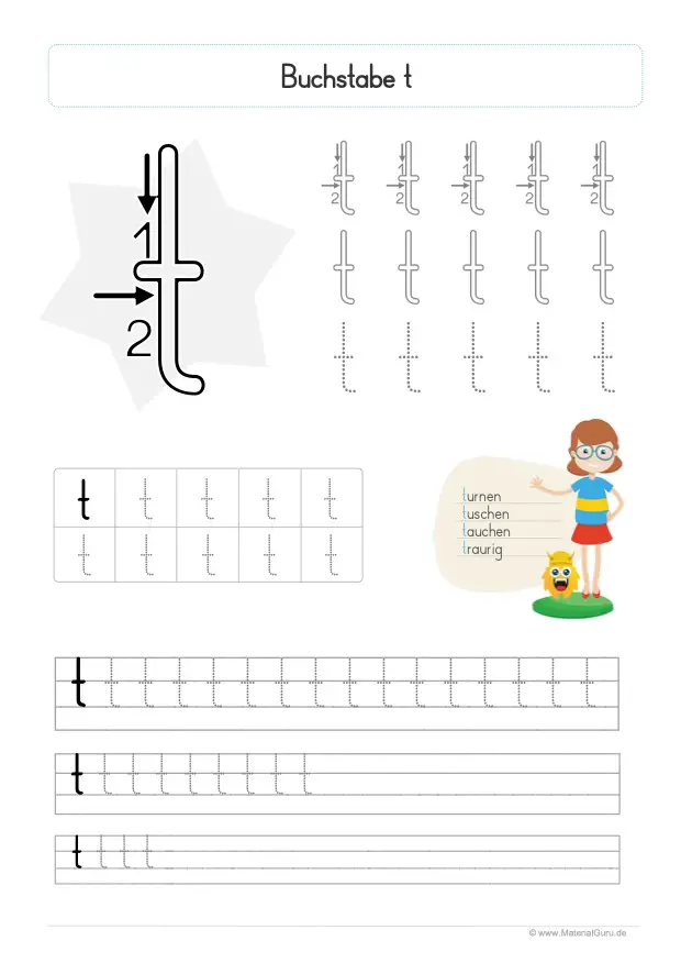Arbeitsblatt: Buchstabe T (Druckschrift) - Kleinbuchstabe t