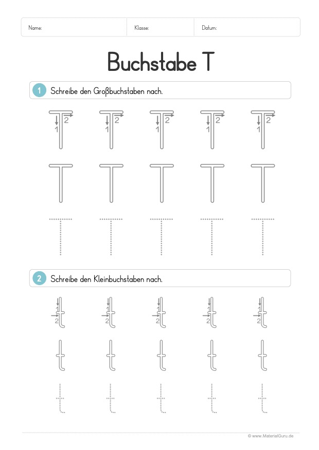 Arbeitsblatt: Buchstabe T (Druckschrift) - T und t nachspuren