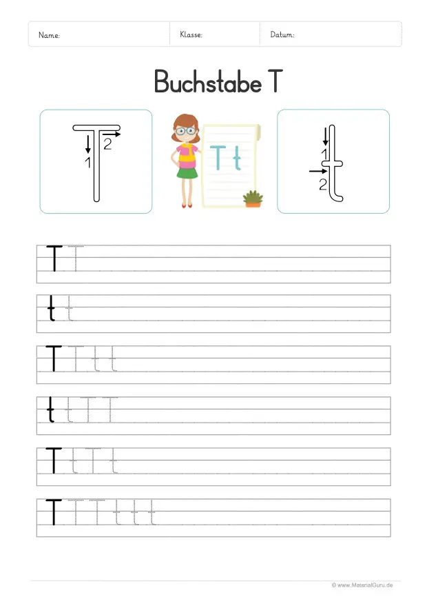 Arbeitsblatt: Buchstabe T (Druckschrift) - T und t auf Linien schreiben