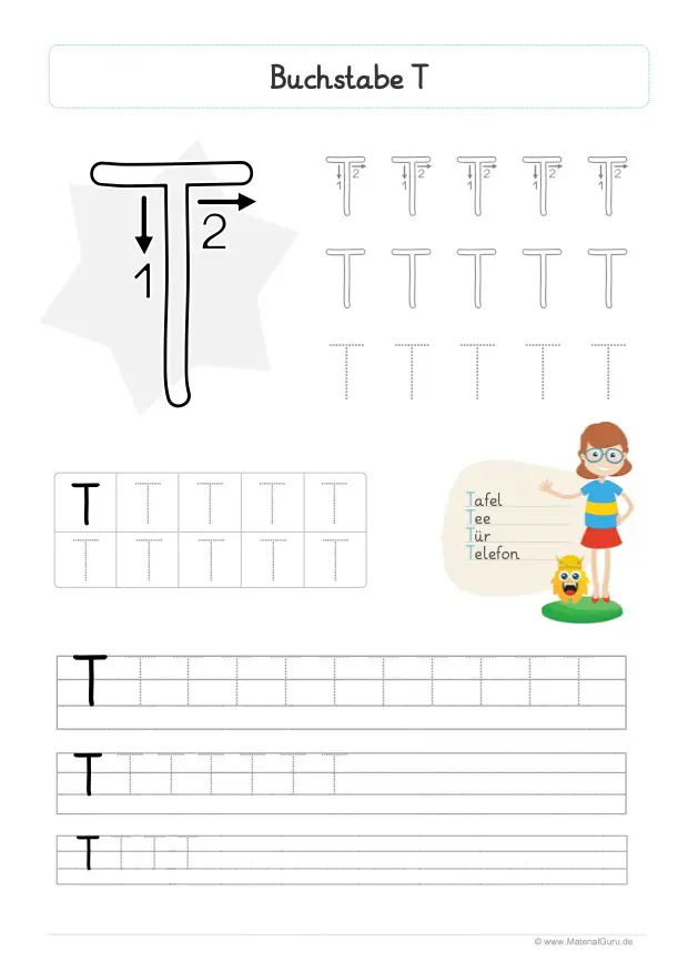 Arbeitsblatt: Buchstabe T (Grundschrift) - Großbuchstabe T