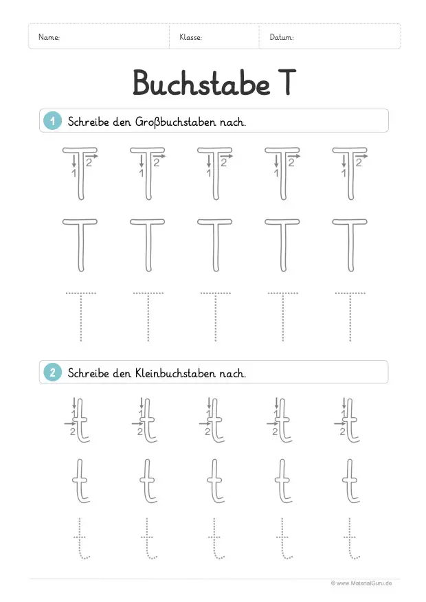 Arbeitsblatt: Buchstabe T (Grundschrift) - T und t nachspuren