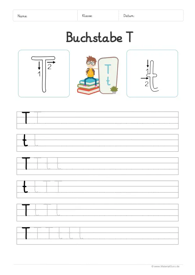 Arbeitsblatt: Buchstabe T (Grundschrift) - T und t auf Linien schreiben