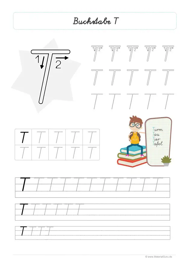 Arbeitsblatt: Buchstabe T (Schreibschrift) - Großbuchstabe T