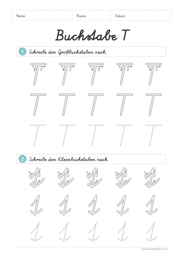 Arbeitsblatt: Buchstabe T (Schreibschrift) - T und t nachspuren