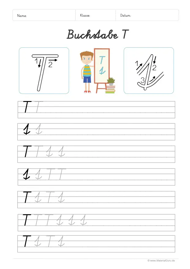Arbeitsblatt: Buchstabe T (Schreibschrift) - T und t auf Linien schreiben