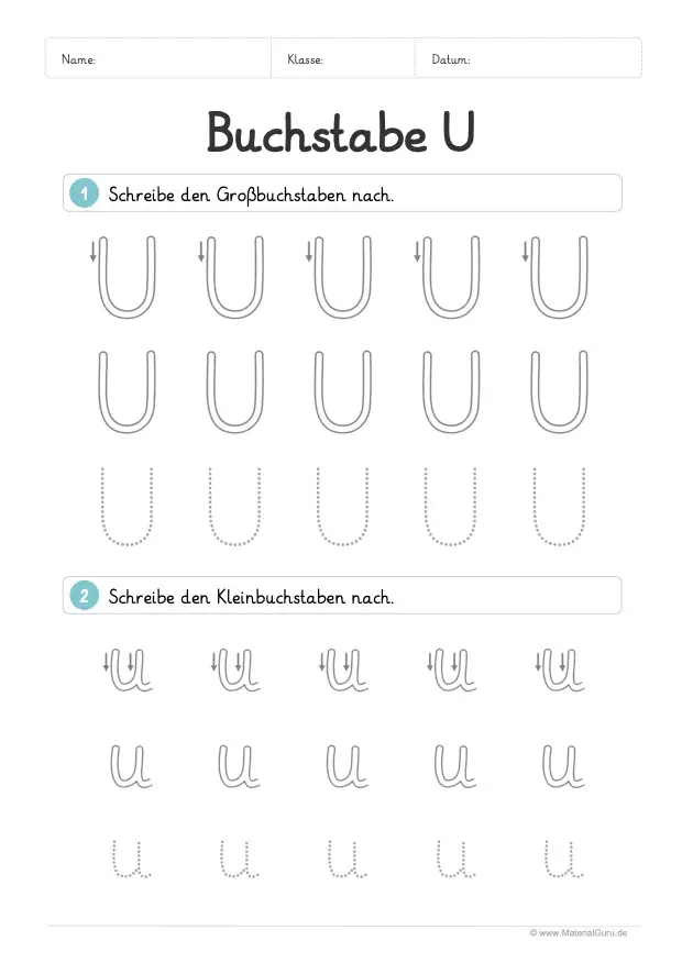 Arbeitsblatt: Buchstabe U (Grundschrift) - U und u nachspuren