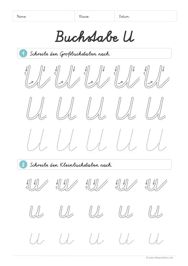 Arbeitsblatt: Buchstabe U (Schreibschrift) - U und u nachspuren