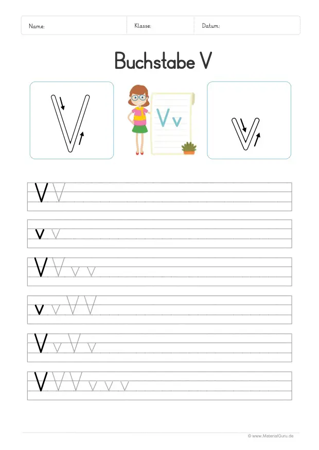 Arbeitsblatt: Buchstabe V (Druckschrift) - V und v auf Linien schreiben