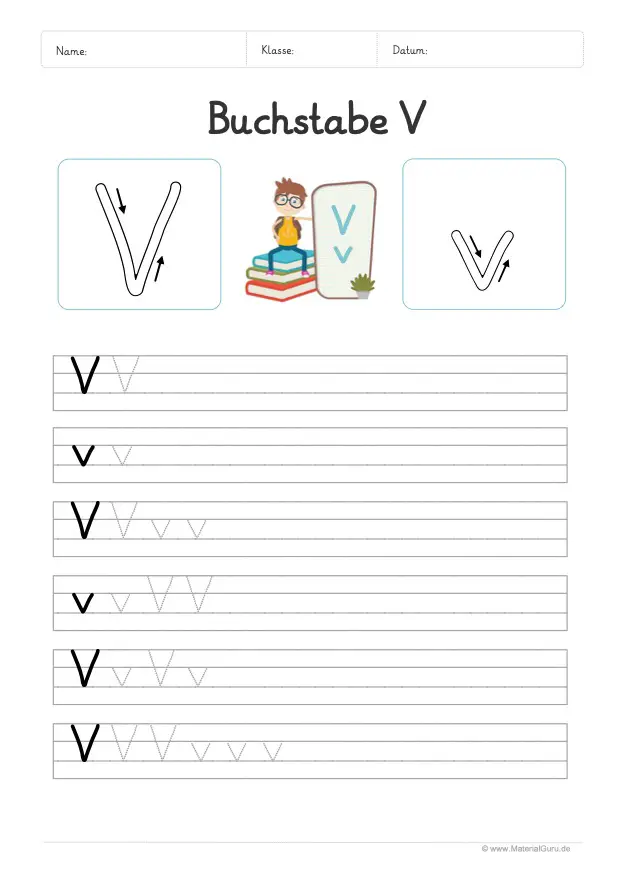 Arbeitsblatt: Buchstabe V (Grundschrift) - V und v auf Linien schreiben