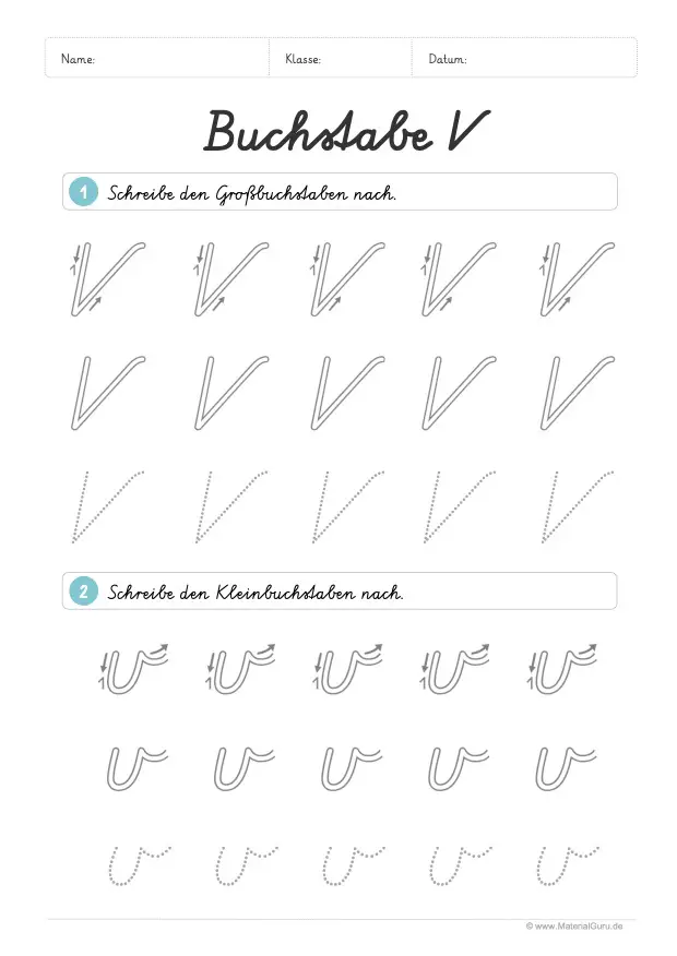 Arbeitsblatt: Buchstabe V (Schreibschrift) - V und v nachspuren