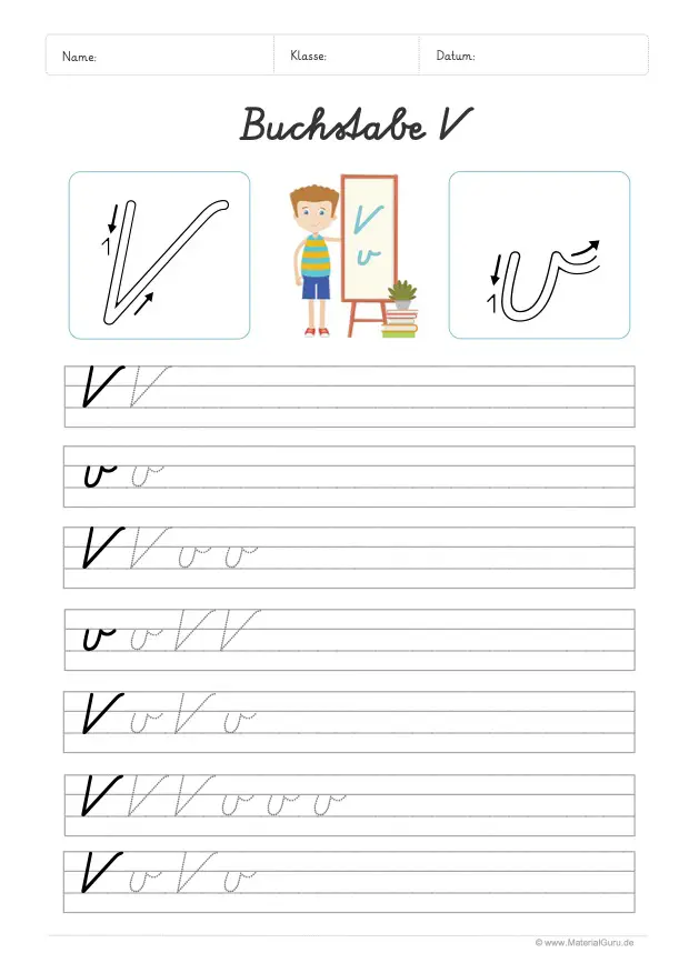 Arbeitsblatt: Buchstabe V (Schreibschrift) - V und v auf Linien schreiben