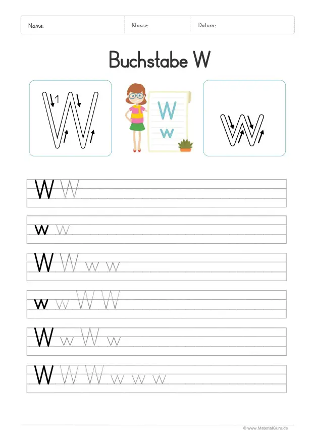 Arbeitsblatt: Buchstabe W (Druckschrift) - W und w auf Linien schreiben