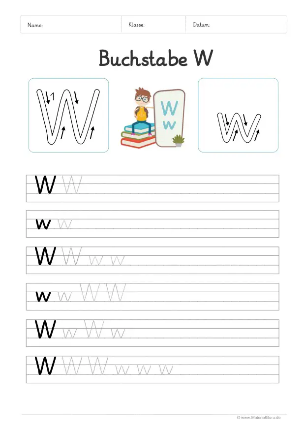Arbeitsblatt: Buchstabe W (Grundschrift) - W und w auf Linien schreiben