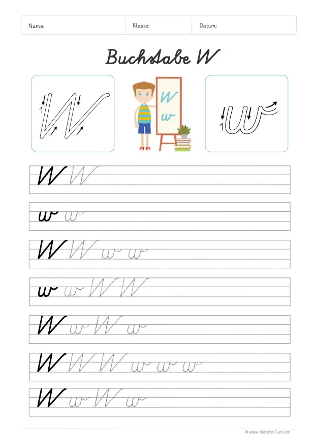 Arbeitsblatt: Buchstabe W (Schreibschrift) - W und w auf Linien schreiben