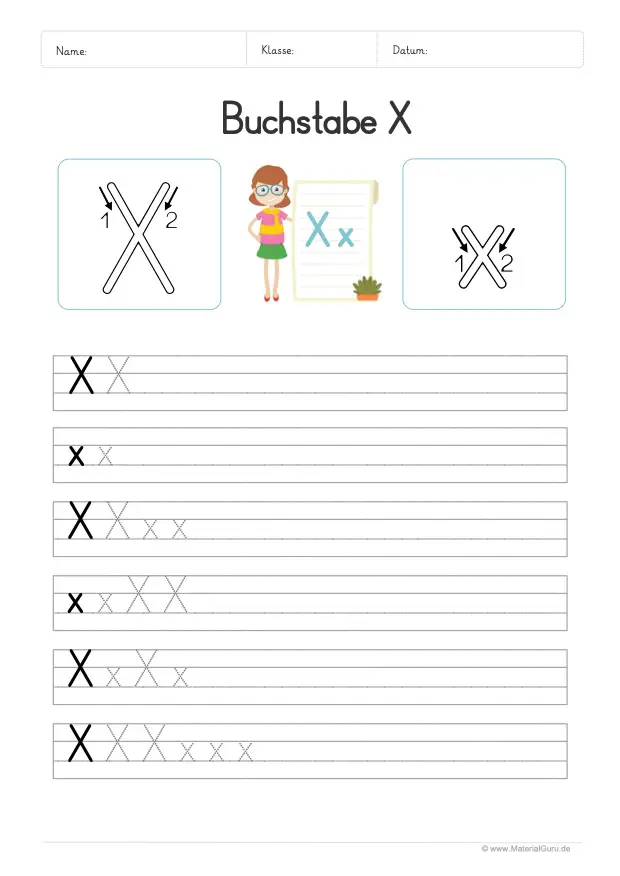 Arbeitsblatt: Buchstabe X (Druckschrift) - X und x auf Linien schreiben