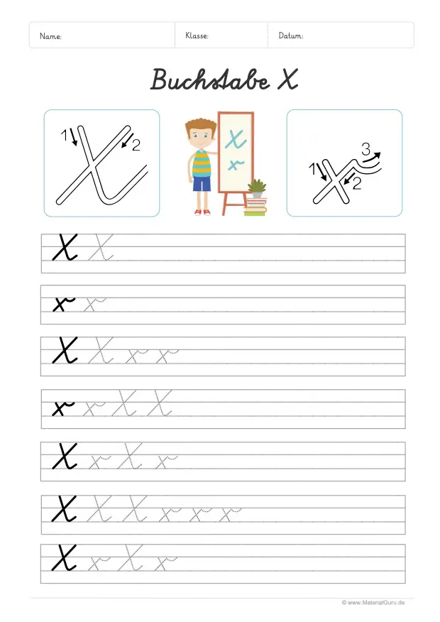 Arbeitsblatt: Buchstabe X (Schreibschrift) - X und x auf Linien schreiben