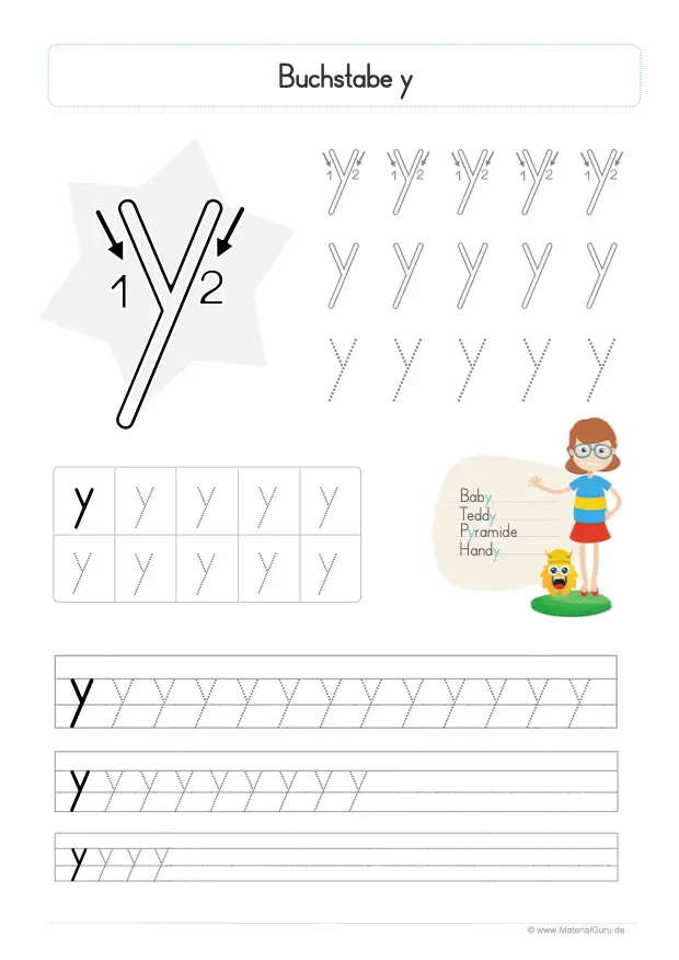 Arbeitsblatt: Buchstabe Y (Druckschrift) - Kleinbuchstabe y