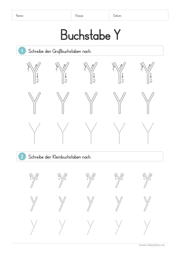 Arbeitsblatt: Buchstabe Y (Druckschrift) - Y und y nachspuren