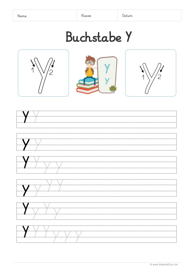 Arbeitsblatt: Buchstabe Y (Grundschrift) - Y und y auf Linien schreiben