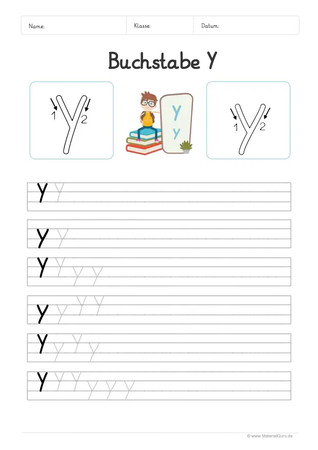 Arbeitsblatt: Buchstabe Y (Grundschrift) - Y und y auf Linien schreiben