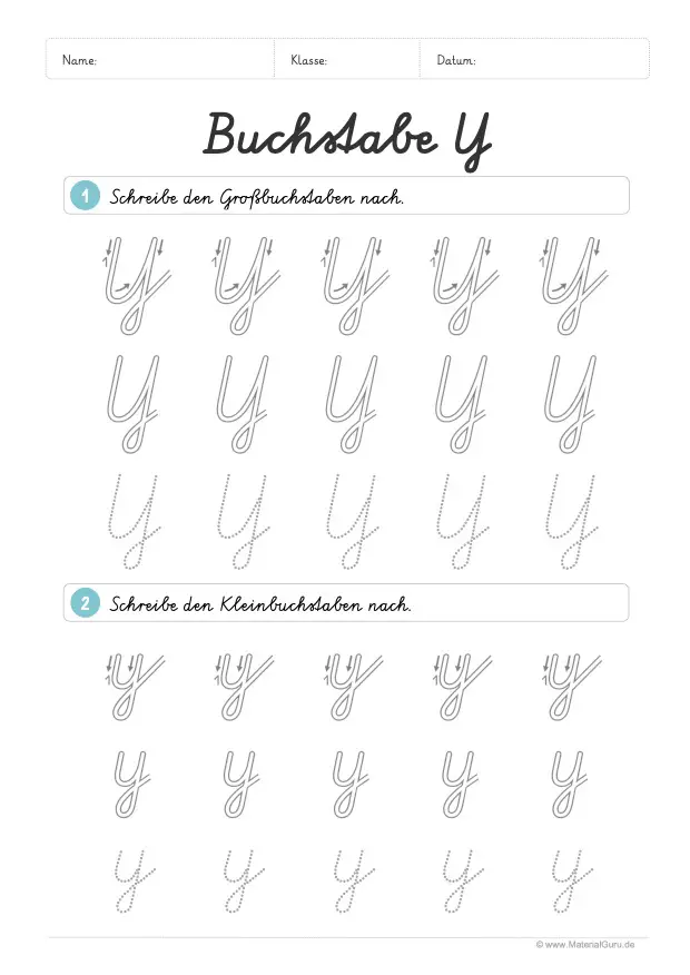 Arbeitsblatt: Buchstabe Y (Schreibschrift) - Y und y nachspuren