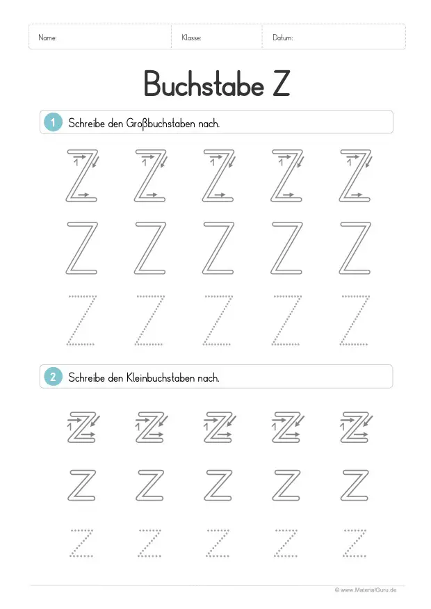 Arbeitsblatt: Buchstabe Z (Druckschrift) - Z und z nachspuren