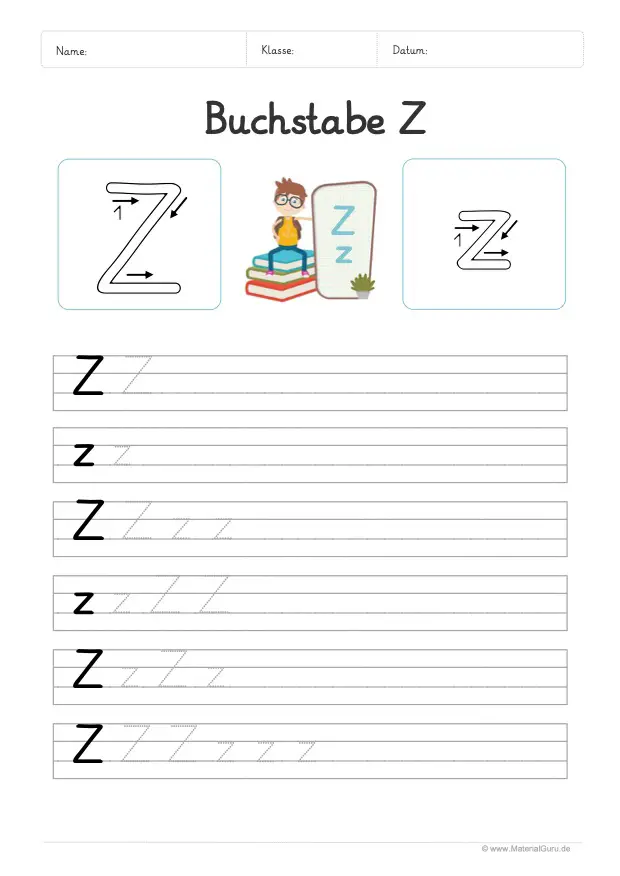 Arbeitsblatt: Buchstabe Z (Grundschrift) - Z und z auf Linien schreiben