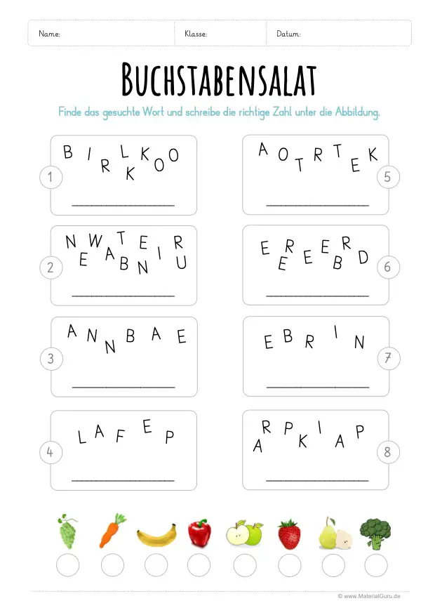 Arbeitsblatt: Klassischer Buchstabensalat mit Obst & Gemüse