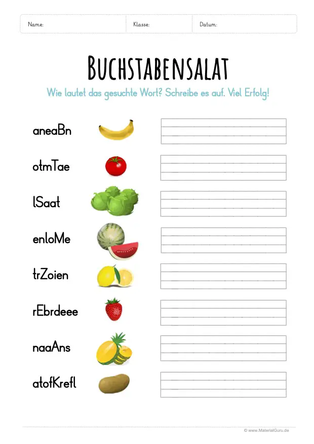 Arbeitsblatt: Buchstabensalat mit Bildern - Thema Obst & Gemüse