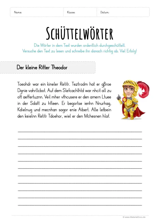 Arbeitsblatt: Buchstabensalat - Text mit Schüttelwörtern (Der kleine Ritter Theodor)