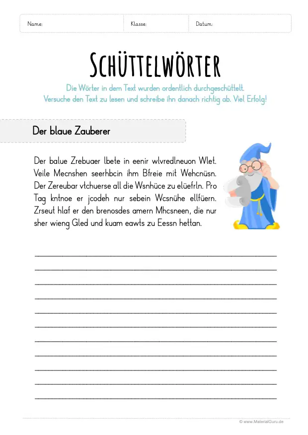 Arbeitsblatt: Buchstabensalat - Text mit Schüttelwörtern (Der blaue Zauberer)