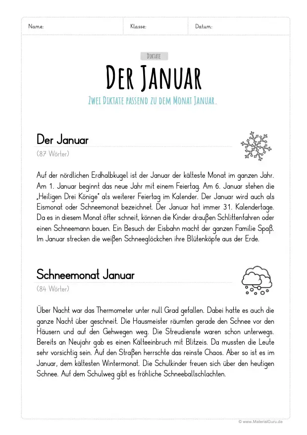 Diktate zum Monat Januar