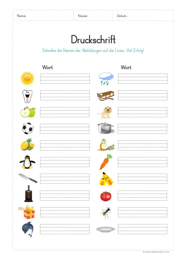 Arbeitsblatt: Namen von Abbildungen in Druckschrift aufschreiben