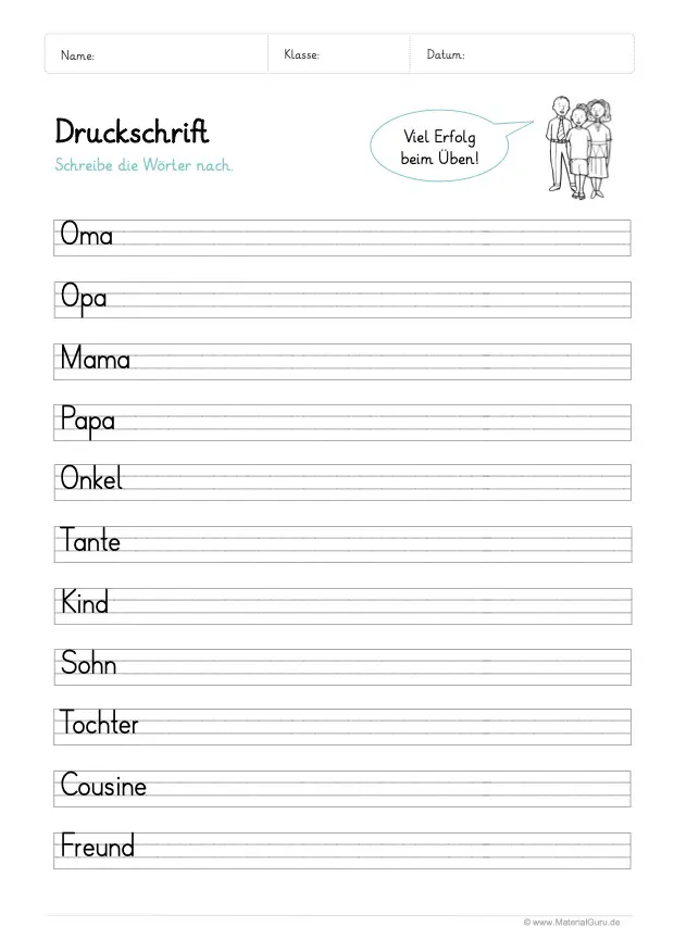 Arbeitsblatt: Druckschrift lernen - Einfache Wörter (Familie)