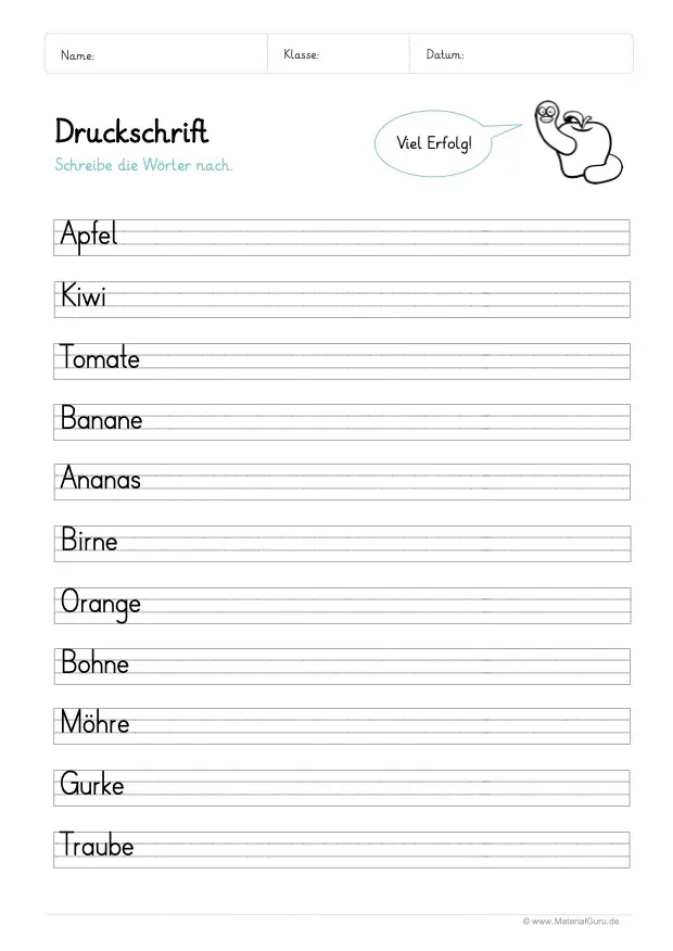 Arbeitsblatt: Druckschrift lernen - Einfache Wörter (Obst und Gemüse)