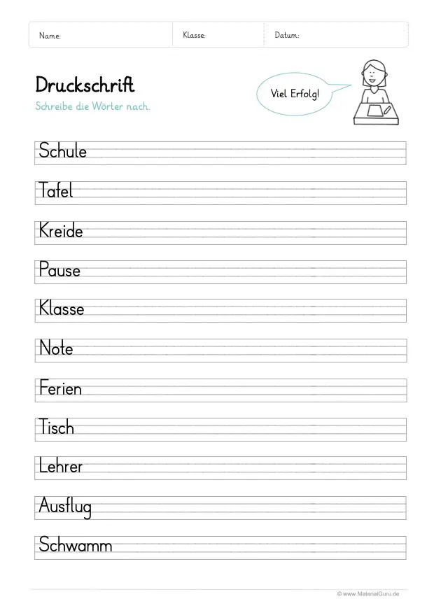Arbeitsblatt: Druckschrift lernen - Einfache Wörter (Schule)