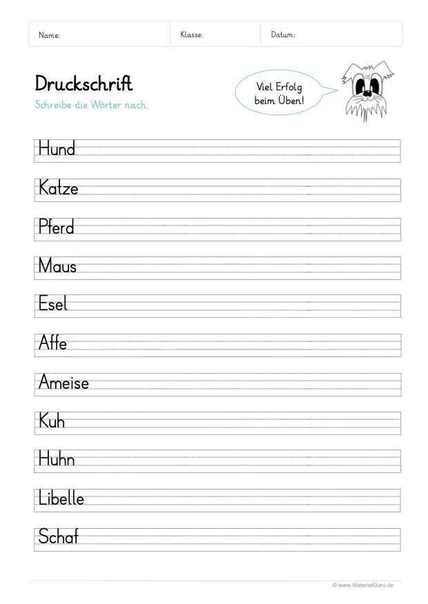 Arbeitsblatt: Druckschrift lernen - Einfache Wörter (Tiere)
